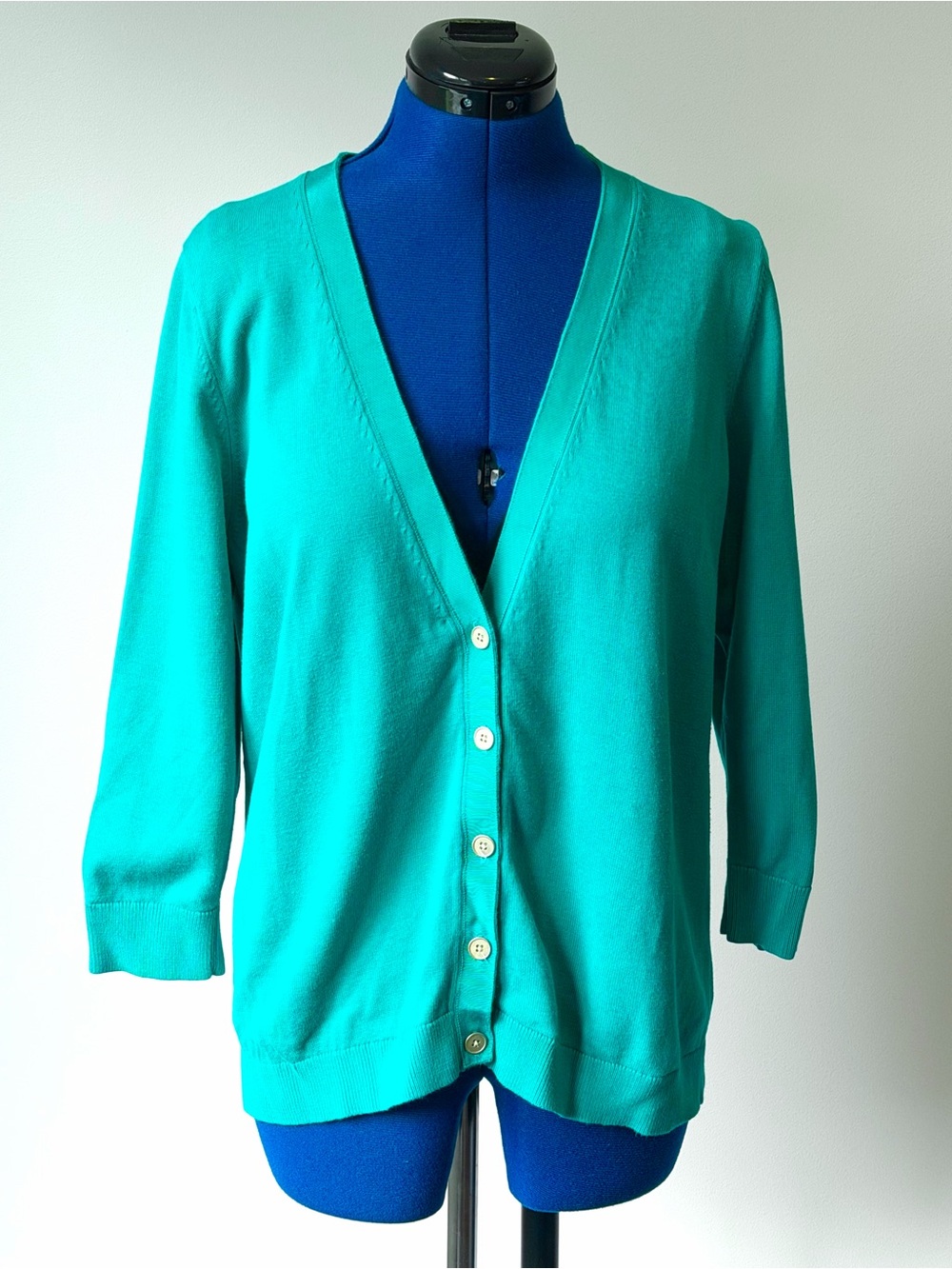 Talbots Green V-Neck Button Cardigan with Champagne Gold Buttons - Large